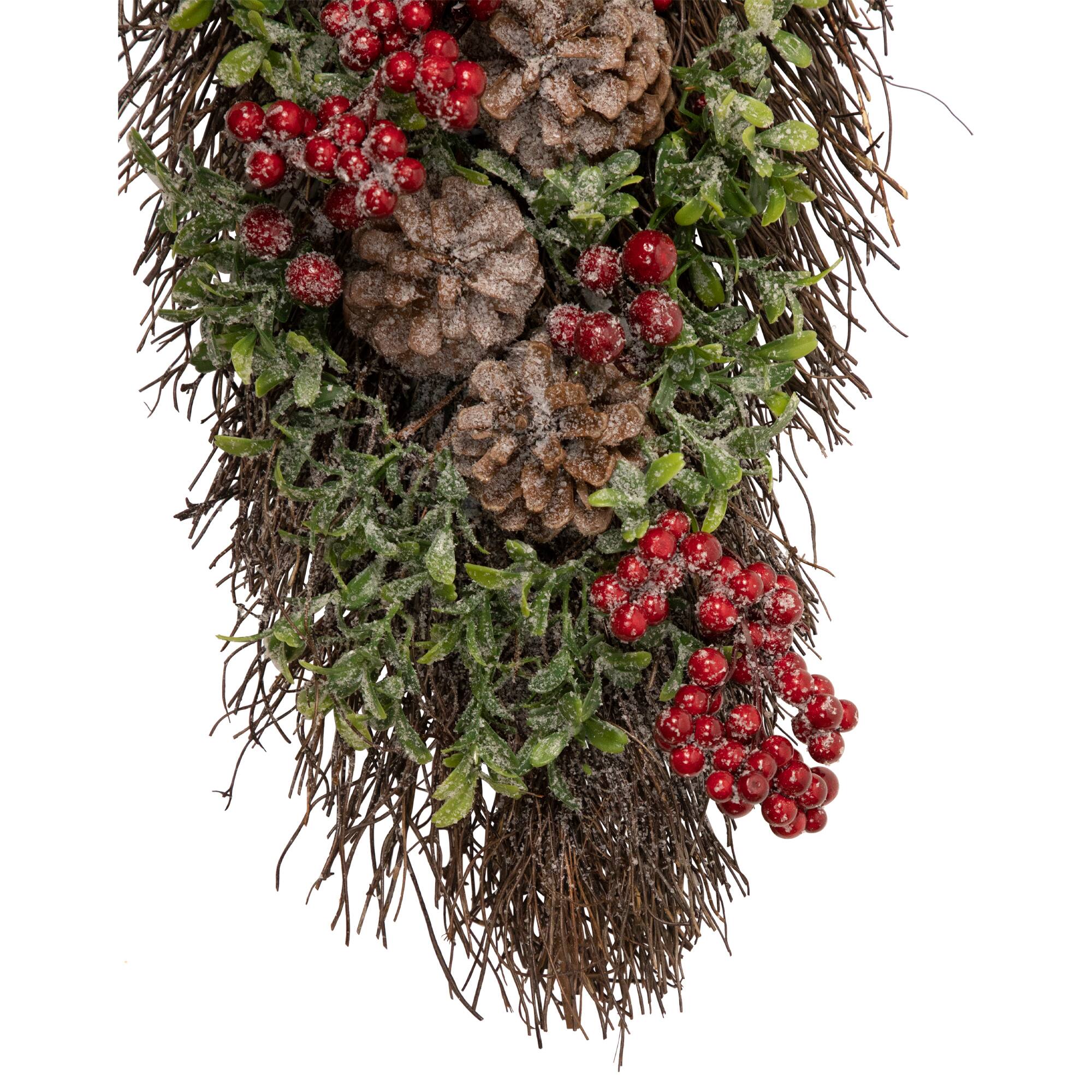 28" Unlit Glittered Boxwood, Pine Cones & Red Berry Teardrop Swag